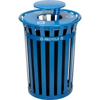 Outdoor Steel Slat Recycling Trash Can, Rain Bonnet Lid, 36 Gallon, Blue