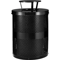 Outdoor Perforated Steel Trash Can With Rain Bonnet Lid, 36 Gallon, Black