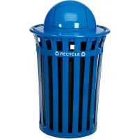 Outdoor Steel Slat Recycling Trash Can, Dome Lid, 36 Gallon, Blue