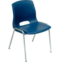 Molded stack chair has a contoured back support design and ventilating slot for comfortable seating. Polypropylene shell with tubular steel frame endures long term use. Stackable chair includes non - marring glides.
