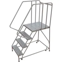 Tri-Arc Rolling Ladder, 4 Step, Aluminum, Perforated, 28" Deep Top Step, With Handrails, 24"W Step